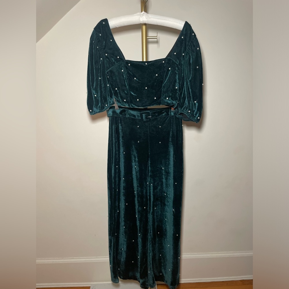 2pc Urban Outfitters Perla deep green velvet puff sleeve top +high waist pants M - Picture 2 of 9